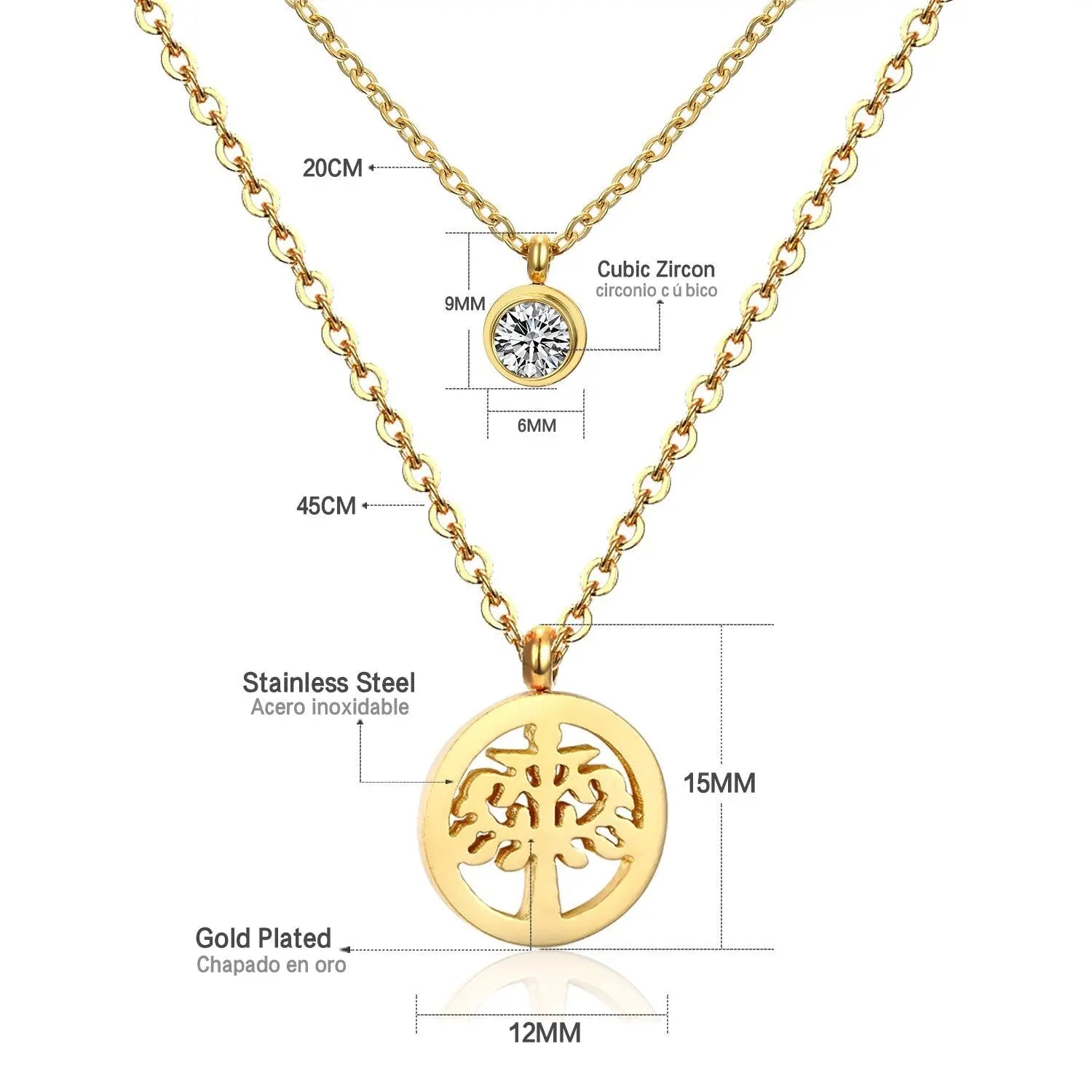 Double Layer Chain Pendants Necklaces For Women Girls Gold Color Silver Tone Stainless Steel CZ Crystal Round Choker asonjewelry